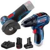 Bosch GWS 12V-76 + GSR 12V-30 + 1600A01NC9 - Polizor unghiular 76 mm + Masina de gaurit si insurubat 30 Nm + Set 2 acumulatori si incarcator Li-Ion 12