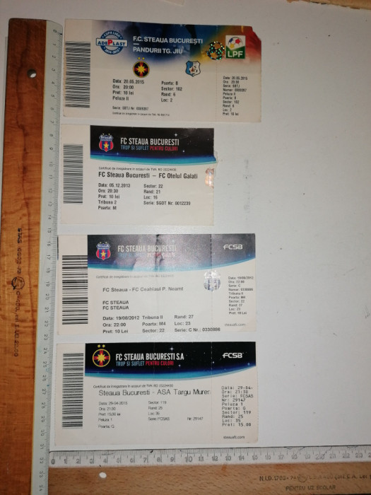 LOT 4 BILET MECI FOTBAL STEAUA -PANDURII /OTELUL /CEAHLAUL/ASA TARGU MURES