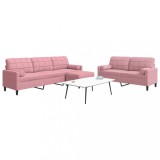 Set Canapele Catifea Roz vidaXL, 3 Piese: 2 Locuri, 3 Locuri + Taburet &amp; Perne Rulou. Canapea Living, Cadru Metalic Robust, Confortabila