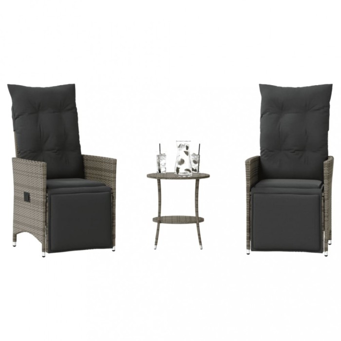 vidaXL Set bistro de grădină cu perne, 3 piese, gri, poliratan 365675