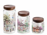 Cumpara ieftin Set 3 borcane depozitare sticla lemn &Oslash; 10 cm x 20,5 H, &Oslash; 10 x 15,5 H, &Oslash; 10 x 10,5 H