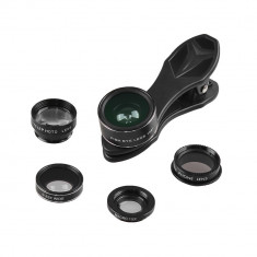 Set 5 in 1 lentile profesionale smartphone Apexel DG5, prindere filet 17mm, Macro, Fish-eye, Wide Angle, Telescope si CPL, lentile foto telefon mobil foto