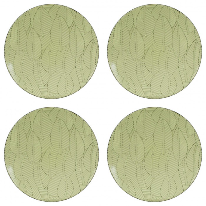Set farfurii 4 piese din Plastic, Verde, diametru 25 cm, cu Model Frunze Tropicale