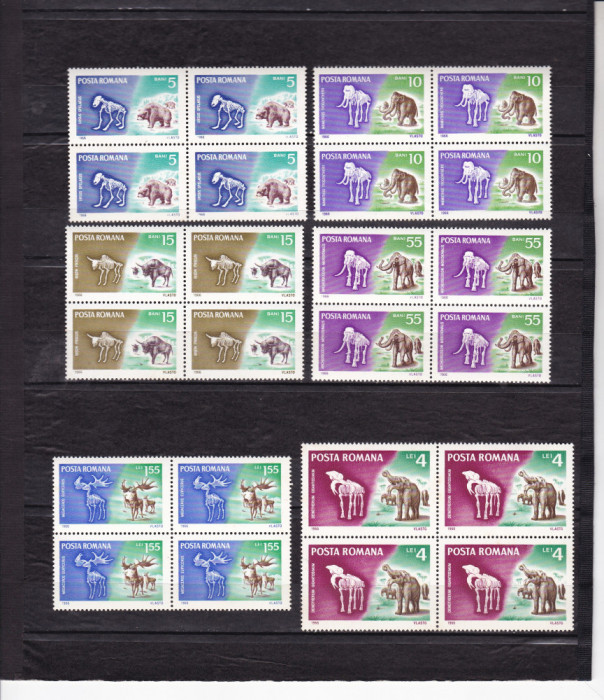 ROMANIA 1966 LP 641 ANIMALE PREISTORICE BLOCURI DE 4 TIMBRE MNH