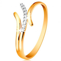 Inel realizat din aur galben de 14K, braÅ£e cu linii ondulate, bicolore, zirconii transparent, Ã®ncorporate - Marime inel: 51