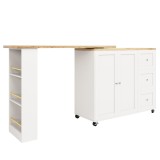 Insulă de bucătărie extensibilă, rotativă la 360&deg;, cu 3 sertare, 2 uși și raft lateral pentru gustări, 135-203x39x106 cm, Alb
