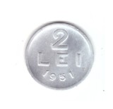 Moneda 2 lei 1951, stare foarte buna, curata, Aluminiu