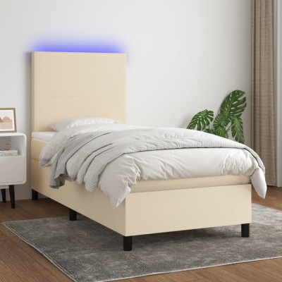 vidaXL Pat cu arcuri, saltea și LED, crem, 90x190 cm, textil 3134682 foto