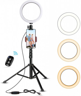 Lampa Circulara Make up Profesionala, Circumferinta LED 20.2 CM cu Lumina Rece / Calda Tip Inel, cu Trepied 160 cm Pentru Poze Perfecte foto