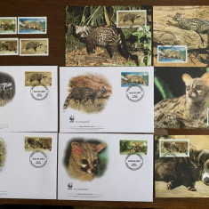 rep centrafricana - civeta - serie 4 timbre MNH, 4 FDC, 4 maxime, fauna wwf