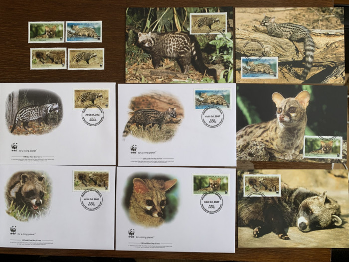 rep centrafricana - civeta - serie 4 timbre MNH, 4 FDC, 4 maxime, fauna wwf