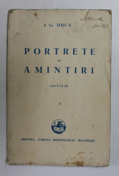 PORTRETE SI AMINTIRI de I.G. DUCA , 1933
