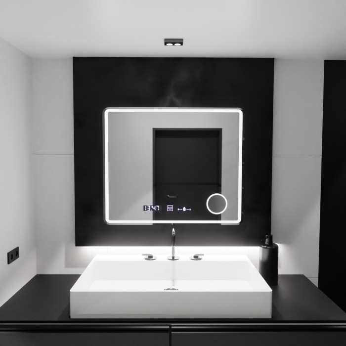 Oglinda LED Rectangulara, 90x75cm, Riflesso MotionGlow Marcello, Sistem Dezaburire, Ceas &amp; Termometru, Lupa Cosmetica, Dimabila ModernLight Concept