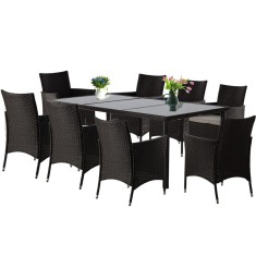 Set mobilier gradina/terasa, maro inchis si bej, ratan sintetic, 1 masa, 8 fotolii, Brian