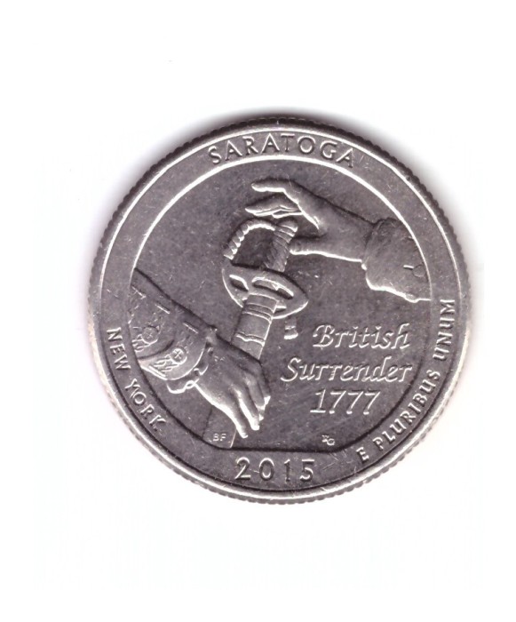 Moneda SUA 25 centi/quarter dollar 2015 D, Saratoga New York, stare foarte buna, cu luciu