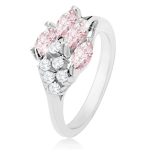 Inel lucios argintiu, bobițe din zirconiu roz, zirconii transparente - Marime inel: 57