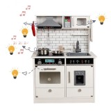 Bucatarie Lemn Copii, Iluminata, Sunete, 4 Accesorii, Aragaz, Chiuveta, Cuptor, Design Vintage, 65x30x93 cm, Alba