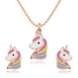 Set de două piese din argint 925 - colier și cercei, unicorn colorat, culoare roz auriu