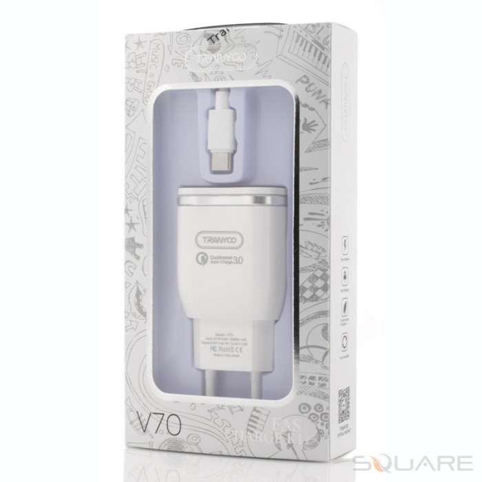 Incarcatoare Retea Tranyoo, V70, 3.6A, Fast Charge Kit, USB Type-C Cable, White