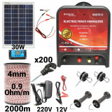 Kit pachet gard electric 14 Joule 12 220V panou solar 30W 2000m 200 izolatori (BK87613-2000-4mm-30W)