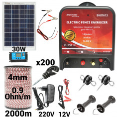 Kit pachet gard electric 14 Joule 12 220V panou solar 30W 2000m 200 izolatori (BK87613-2000-4mm-30W)
