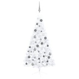 vidaXL Jumătate brad Crăciun pre-iluminat cu set globuri, alb, 150 cm 3077655