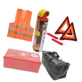 Kit siguranta auto complet geanta depozitare, extinctor spray 1000 ml, 2 triunghiuri reflectorizante, vesta reflectorizanta portocalie si trusa sanita