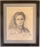 Toader Schipor Tablou 1964 Portret Femeie Bucovineana grafică &icirc;n creion inramat 29x34cm, Portrete, Carbune, Realism