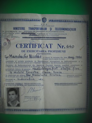HOPCT DOCUMENT VECHI NR 410 CERTIFICAT/BREVET RADIOTELEGRAFIST 1960 TELECOMUNICA foto