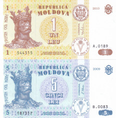 Bancnota Moldova 1 Leu 2010 si 5 Lei 2009 - P8h/9f UNC ( set x2 ) foto