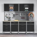 Set dulap lucru &amp; panou c&acirc;rlige, 10 piese, negru, MDF &amp; metal