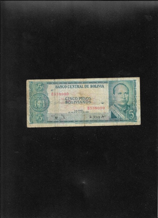 Rar! Bolivia 5 pesos bolivianos 1962 seria538010 fisura mijloc jos
