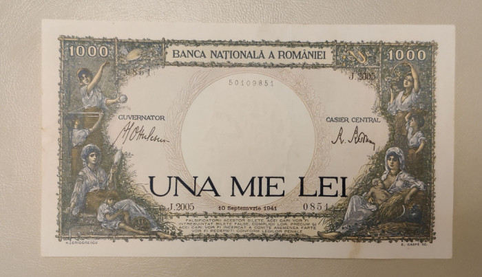 Rom&acirc;nia - 1000 Lei (10 septembrie 1941) filigram &icirc;mpăratul Traian sJ.2005