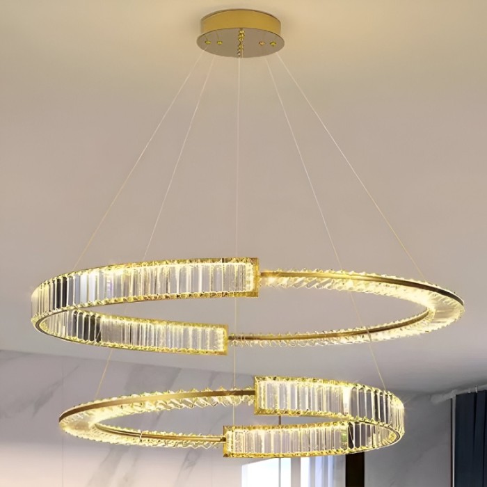 Lustra LED suspendata cu telecomanda si cristal PRISM REGAL 200W, 2 Cercuri, lumina Rece/Calda/Neutra, Dimabila, Auriu, Inaltime Reglabila ModernLight