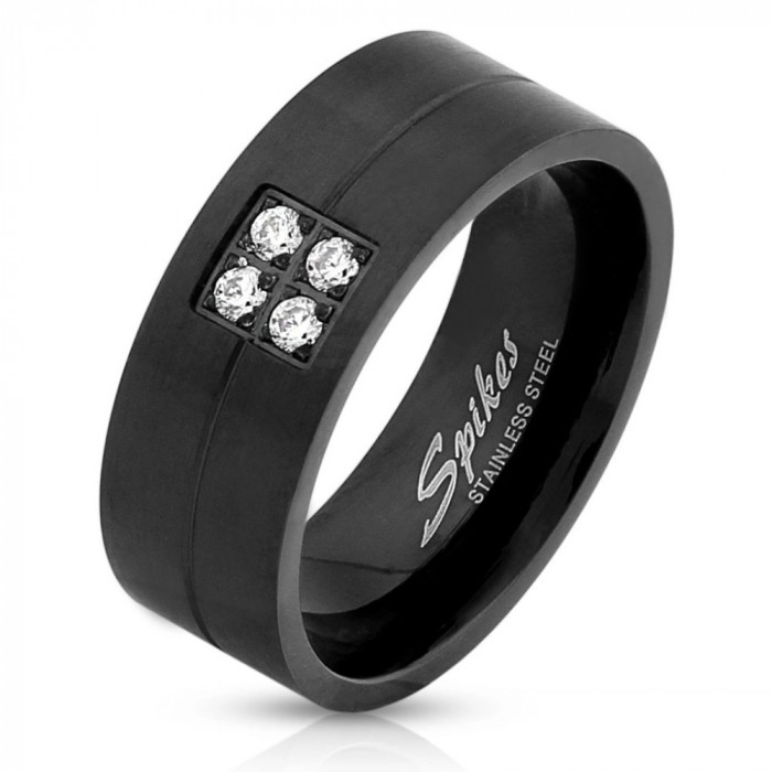 Inel din oțel de culoare neagră - patru zirconii strălucitoare, 8 mm - Marime inel: 68
