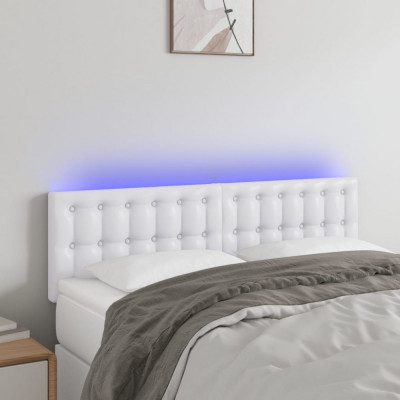 vidaXL Tăblie de pat cu LED, alb, 144x5x78/88 cm, piele ecologică foto