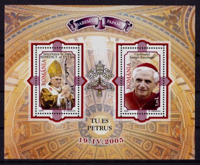 ✅RO 2005 LP 1690 a &amp;quot;Sanct.sa Papa Benedict al XVI-lea&amp;quot; , bloc ,colita 359 , MNH foto