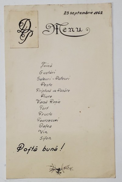 MENIU CU INITIALELE &#039; DP &#039; , 23 SEPTEMBRIE , 1962