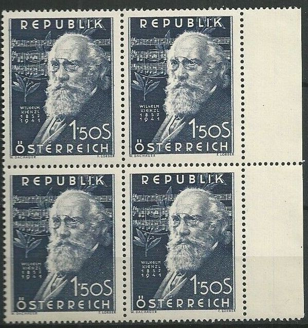 AUSTRIA 1951 - COMEMORARE ,COMPOZITORI ,W. KIENZEL , BLOC DE 4 NESTAMPILAT