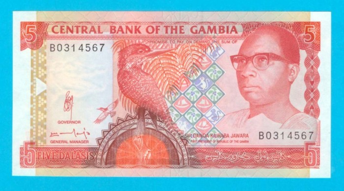 Bancnotă Gambia (pick 12) 5 Dalasis 1991 UNC serie: B0314567