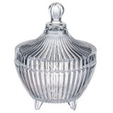 Bombonieră din sticlă transparentă cu piciorușe și capac gravat cu model &icirc;n dungi, 150ml, CMCLASS