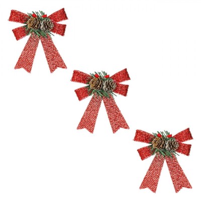 Set Fundițe Decorative Crăciun, Model Trei Bucăți, Tinsel și Conuri, Culoare Roșu, Dimensiune 12.5cm foto