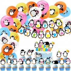 Set de decoratiuni pentru petrecere copii, cu tematica pinguini haiosi, format din 16 toppere pentru tort sau briose, banner Happy Birthday si 20 balo