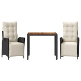 Set mobilier de gradina cu perne, 3 piese, negru, poliratan