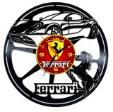 Ceas de Perete Decorativ &ldquo;Ferrari Italian Legend&rdquo;, din Disc Vinil Reciclat, Design Auto Sport, Negru, Mecanism Silențios (Sweep), 30 cm