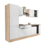 Mobilier de bucătărie Yorki 280, cu corp din stejar Sonoma, fațade albe cu finisaj satinat și dulap cu rafturi, fără blat de lucru
