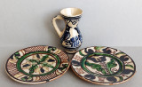 2 farfuriute + mica ulcea - set romanesc ceramica pictata, artizanat traditional