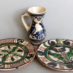 2 farfuriute + mica ulcea - set romanesc ceramica pictata, artizanat traditional