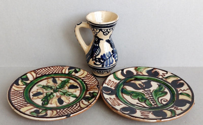 2 farfuriute + mica ulcea - set romanesc ceramica pictata, artizanat traditional foto