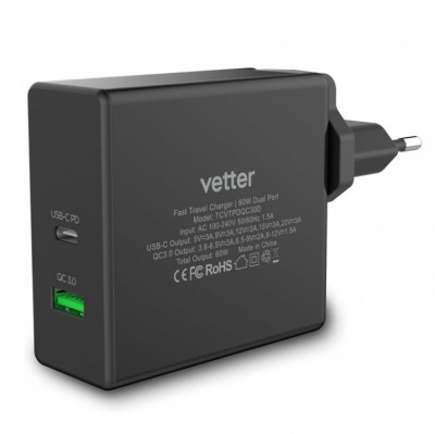 Incarcator Retea Vetter Fast Travel Charger With PD QC 3.0 Dual Port 60W USB Type C Black TCVTPDQC30D foto